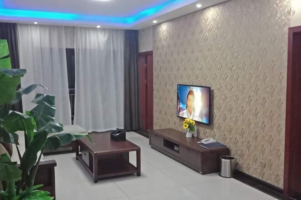 Een moderne woonkamer met een flatscreen televisie, een bank, een salontafel en een plant.