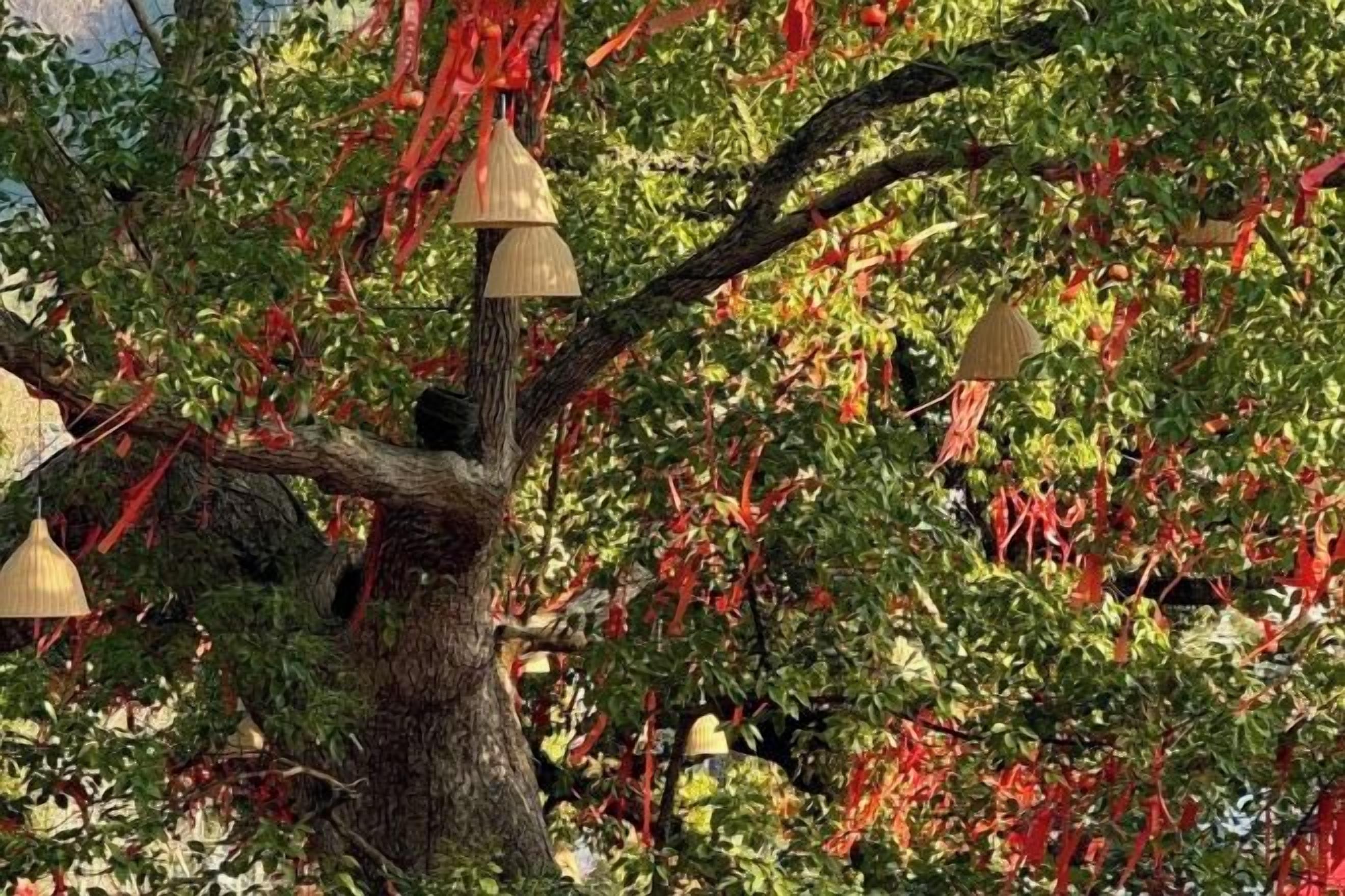 Un árbol con faroles colgantes y lazos rojos.