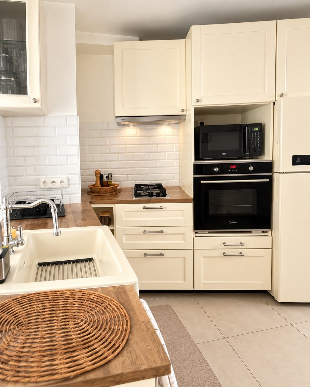 Eine Küche mit weißen Schr änken, einer Mikrowelle, einem Backofen und einem Spülbecken.