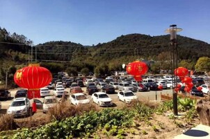 Un estacionamiento con coches y faroles rojos.