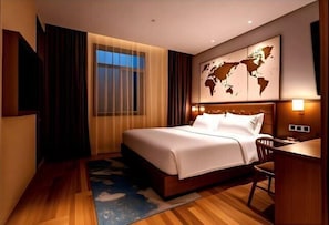 A hotel room with a large bed, a desk, a world map on the wall, and a window with curtains. - James Joyce Coffetel (Beijing Happy Valley Fatou Metro Station) (Beijing)