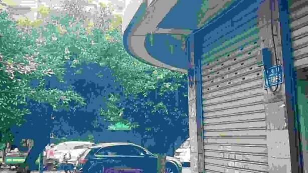 A street view with a closed shop, parked cars, and trees. - Yuqi Hostel (Chongqing)