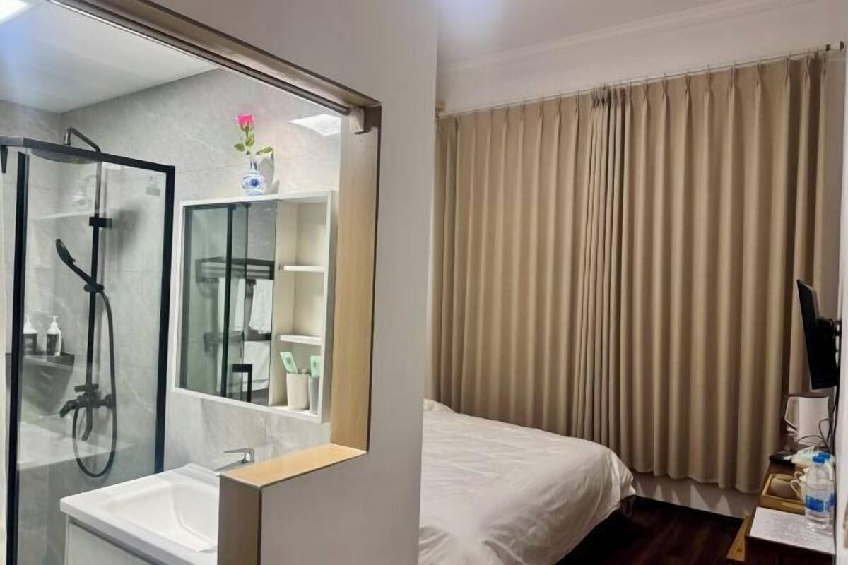 Habitación de hotel con ducha, lavamanos, cama y televisión.