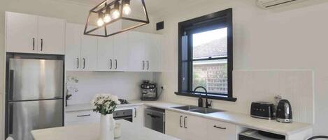 Fridge, microwave, oven, dishwasher