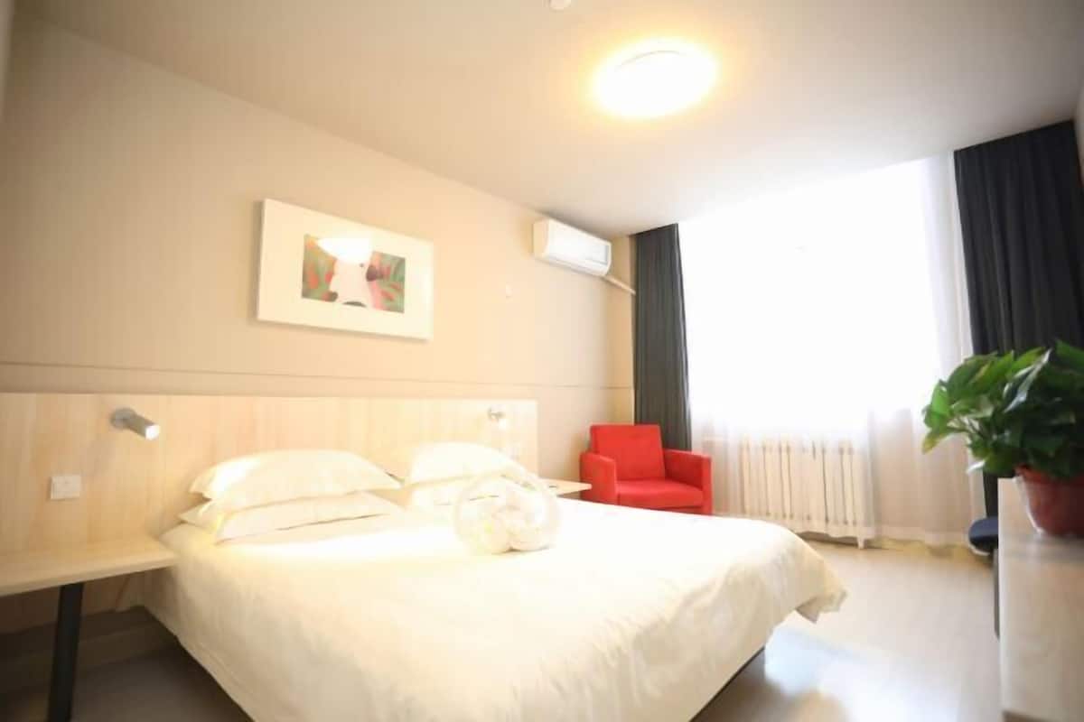 Ein Hotelzimmer mit einem Bett, einem roten Sessel, einer Topfpflanze und einem gerahmten Bild an der Wand.
