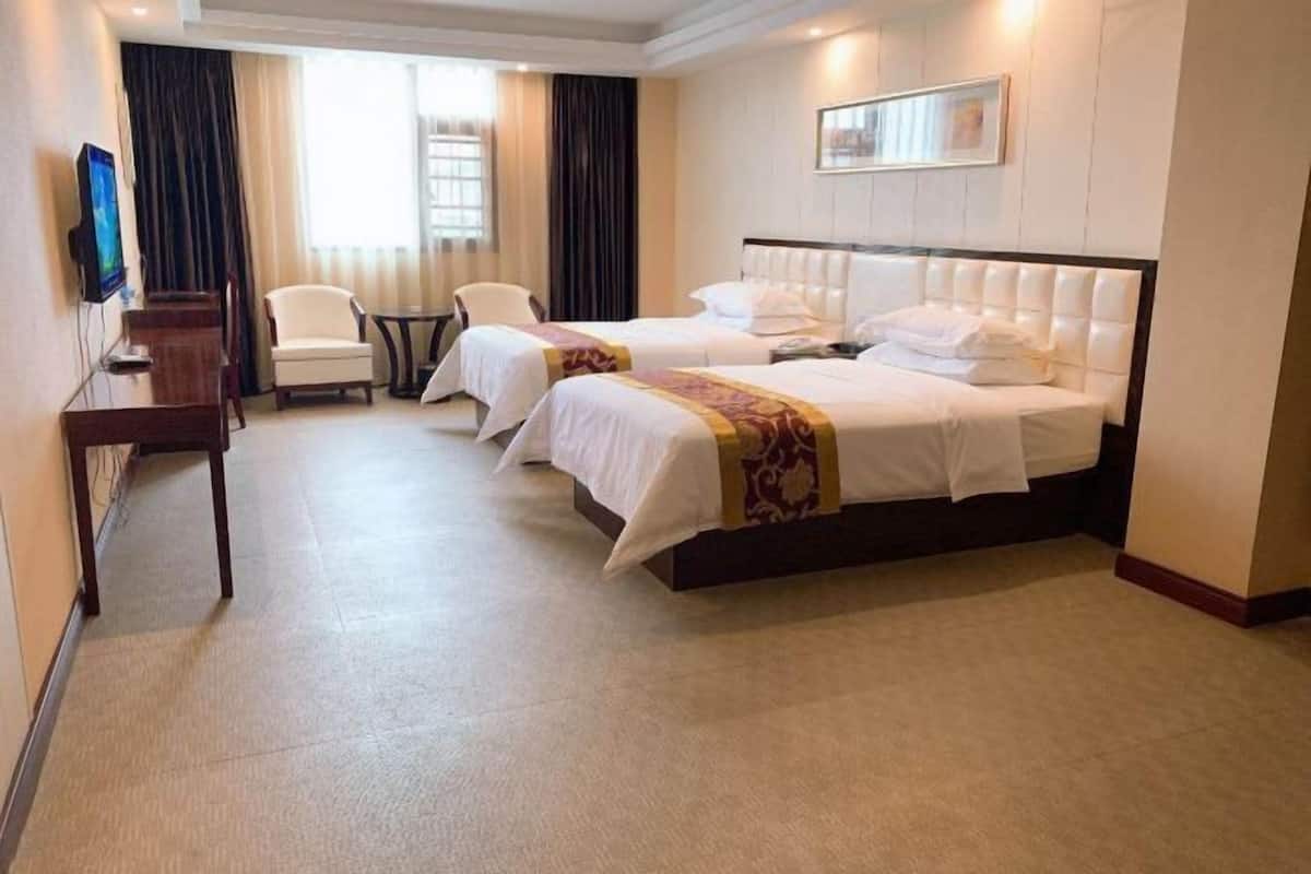 Una habitación de hotel con dos camas, un escritorio, una silla y un televisor.