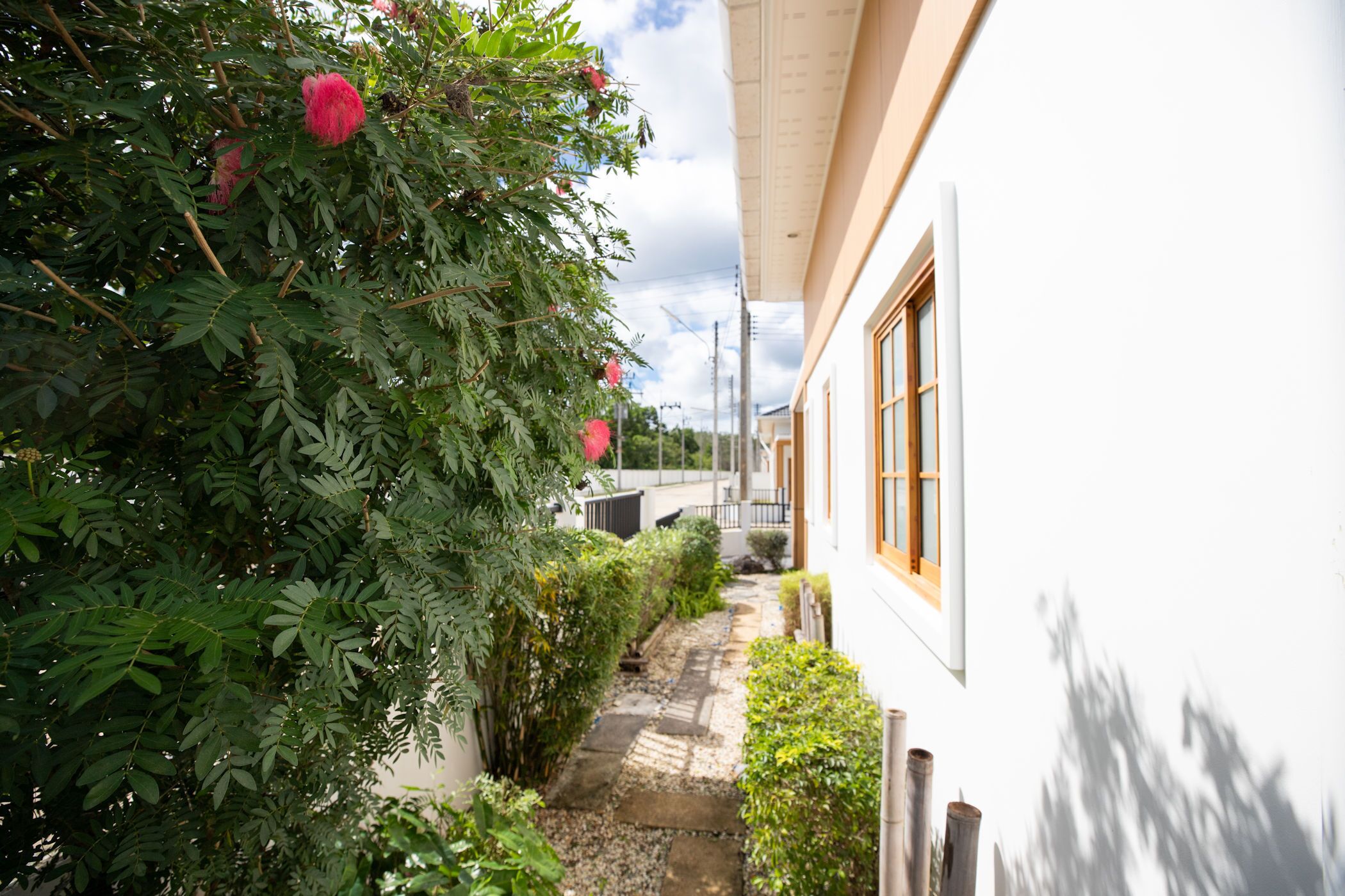 Un sendero estrecho que conduce a un edificio de fachada blanca y marcos de madera para las ventanas.