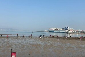 Ein Strand mit einem Kreuzfahrtschiff im Hintergrund.