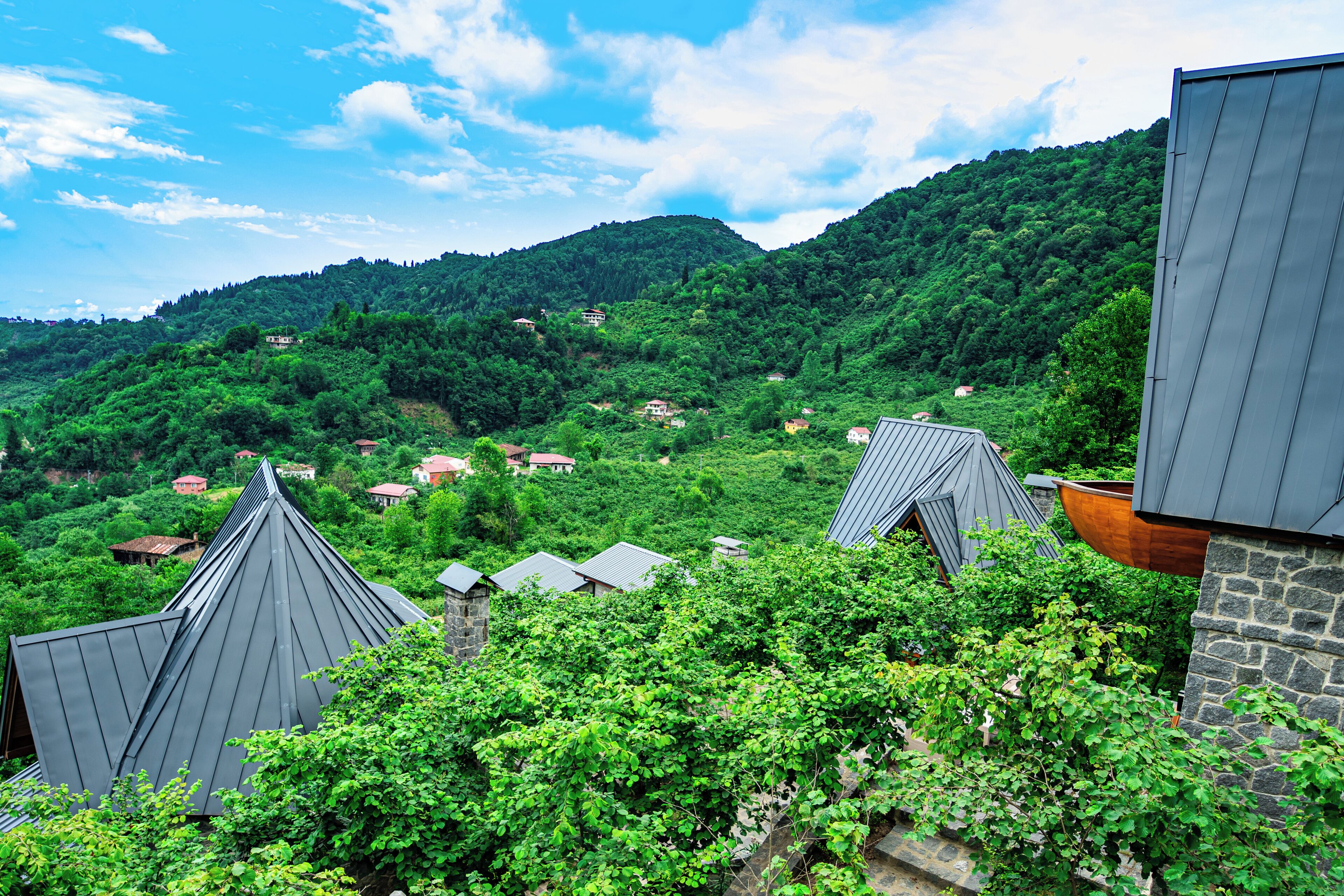 A mountainous landscape with houses nestled among lush greenery.
