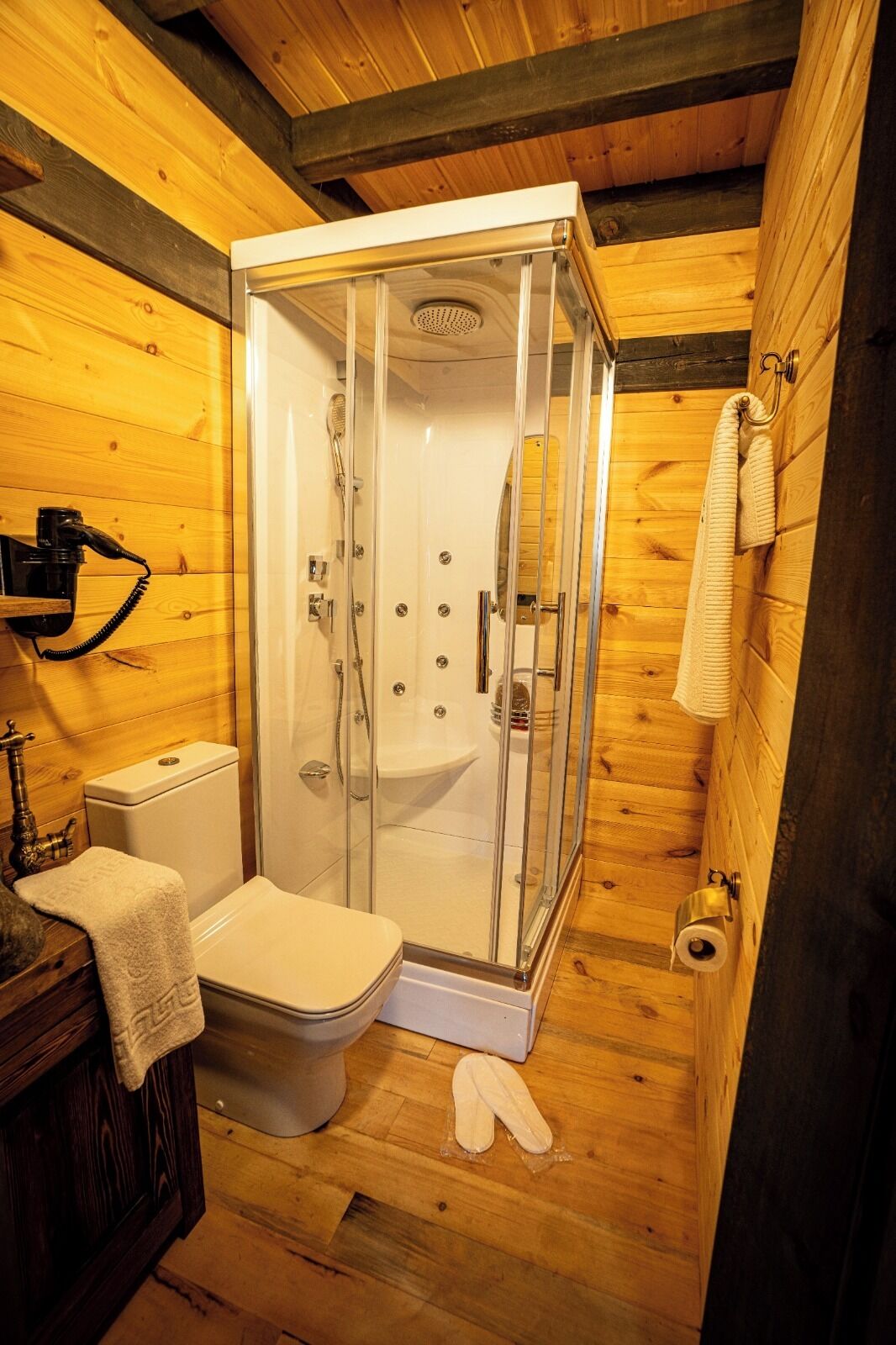A wooden cabin bathroom with a glass-enclosed shower, a toilet, and a sink.