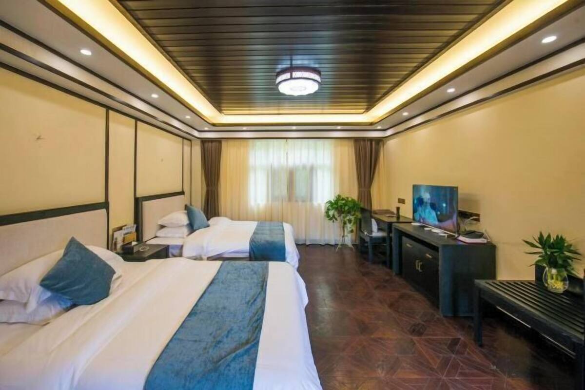 Une chambre d’hôtel avec deux lits, un bureau, une télévision et une plante.