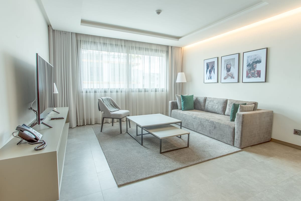 A modern living room with a sofa, armchair, coffee table, and a flat-screen TV.