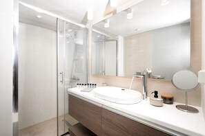 Design Quadruple Room | Bathroom | Shower, rainfall showerhead, towels, shampoo - Blue Avra by A&D Properties (Markopoulo Mesogaias)