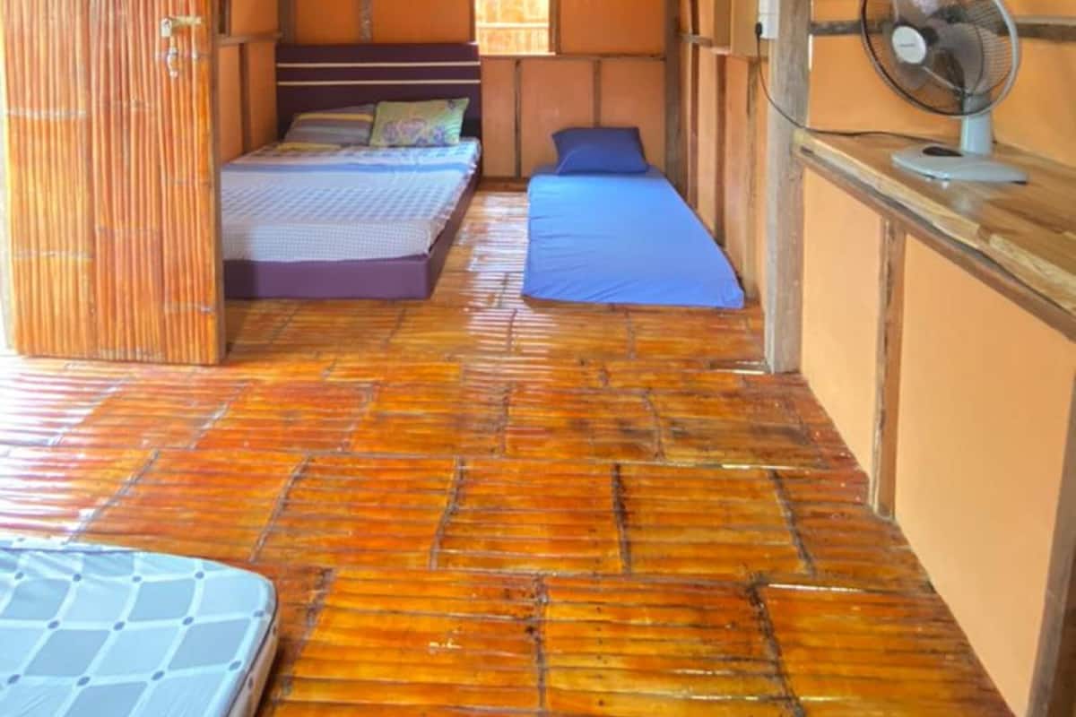 A room with two beds, a fan, and a window.