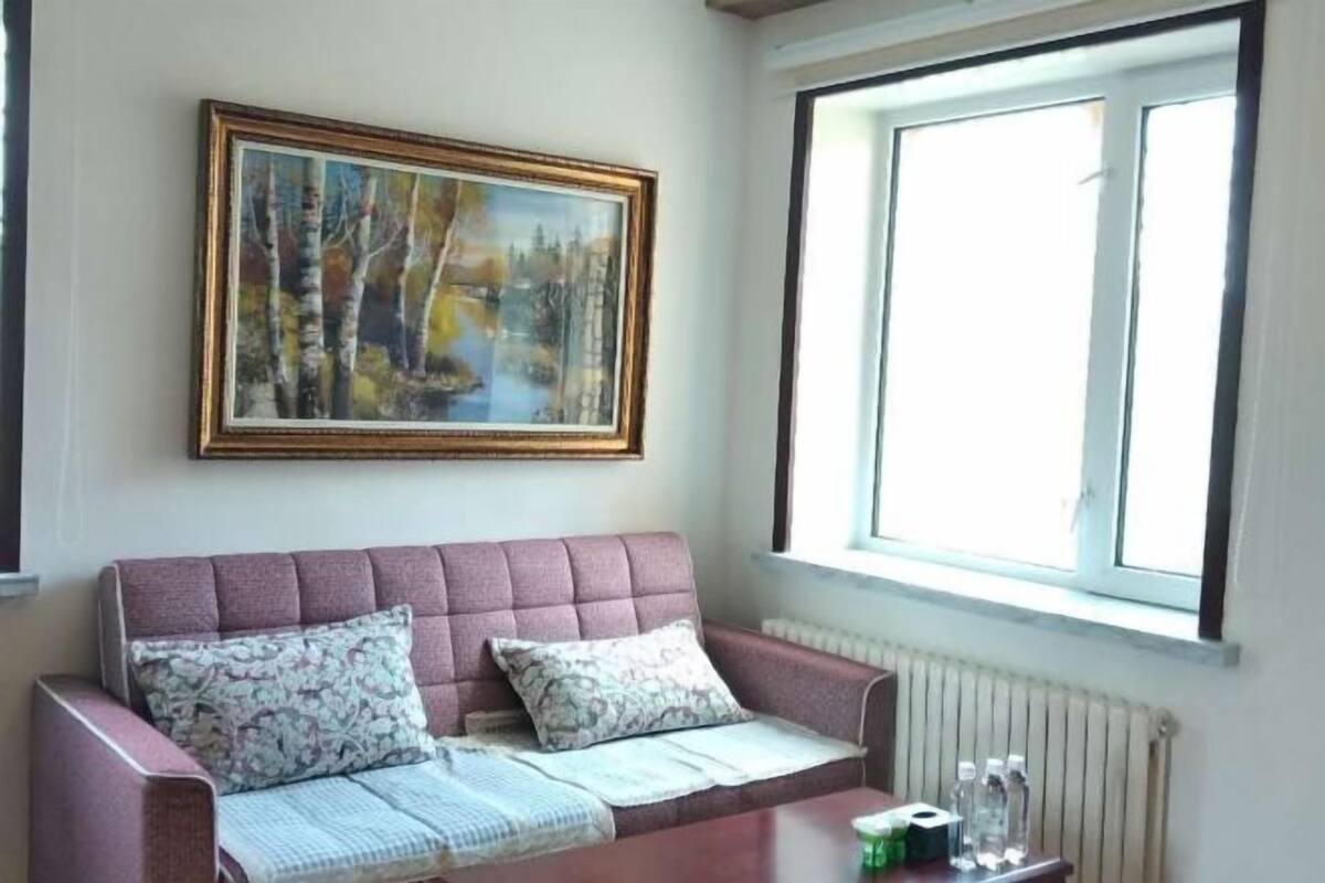 A room with a sofa, a framed painting, a window, and a radiator.