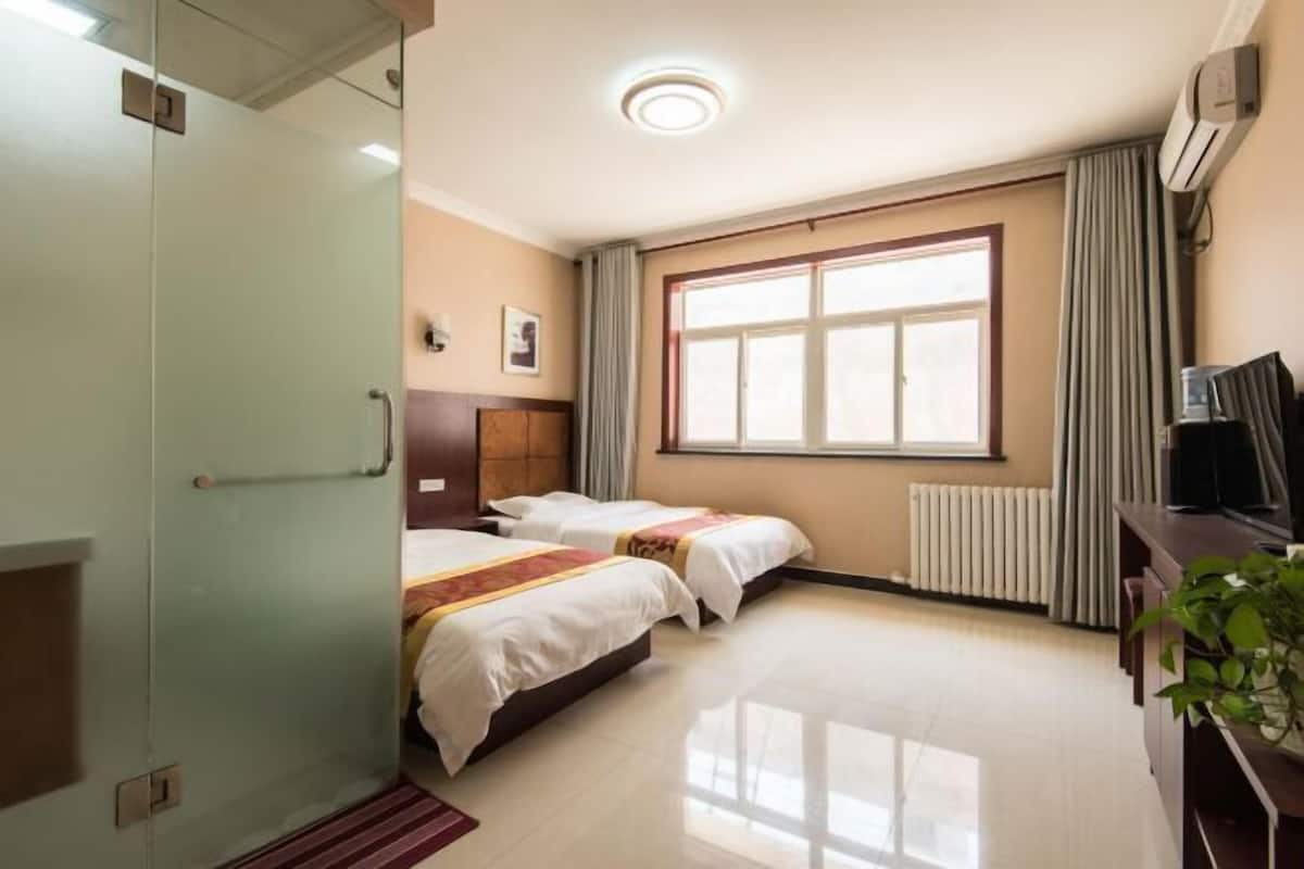 A hotel room with two beds, a large window, a radiator, a television, and a plant.