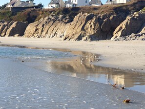 On the beach, sun-loungers