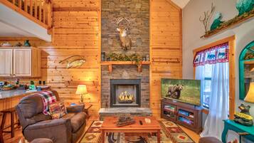 Cabin, Multiple Beds, Hot Tub | Living area | 50-inch flat-screen TV with digital channels, fireplace