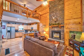 Cabin, Multiple Beds, Hot Tub | Living area | 50-inch flat-screen TV with digital channels, fireplace - Deer Watch Retreat (Ellijay)