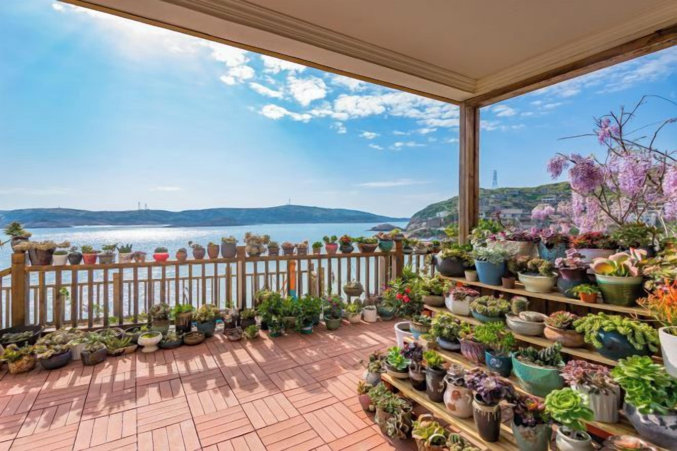 A balcony with a view of the sea and hills, surrounded by potted plants.
