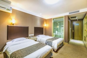 A hotel room with two beds, a glass shower area, and a door leading to a bathroom. - Jingya Bieyuan Hotel (Liyang)