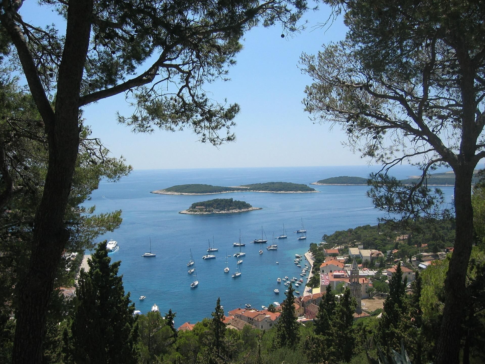 A coastal town with a marina filled with boats, surrounded by trees and hills.