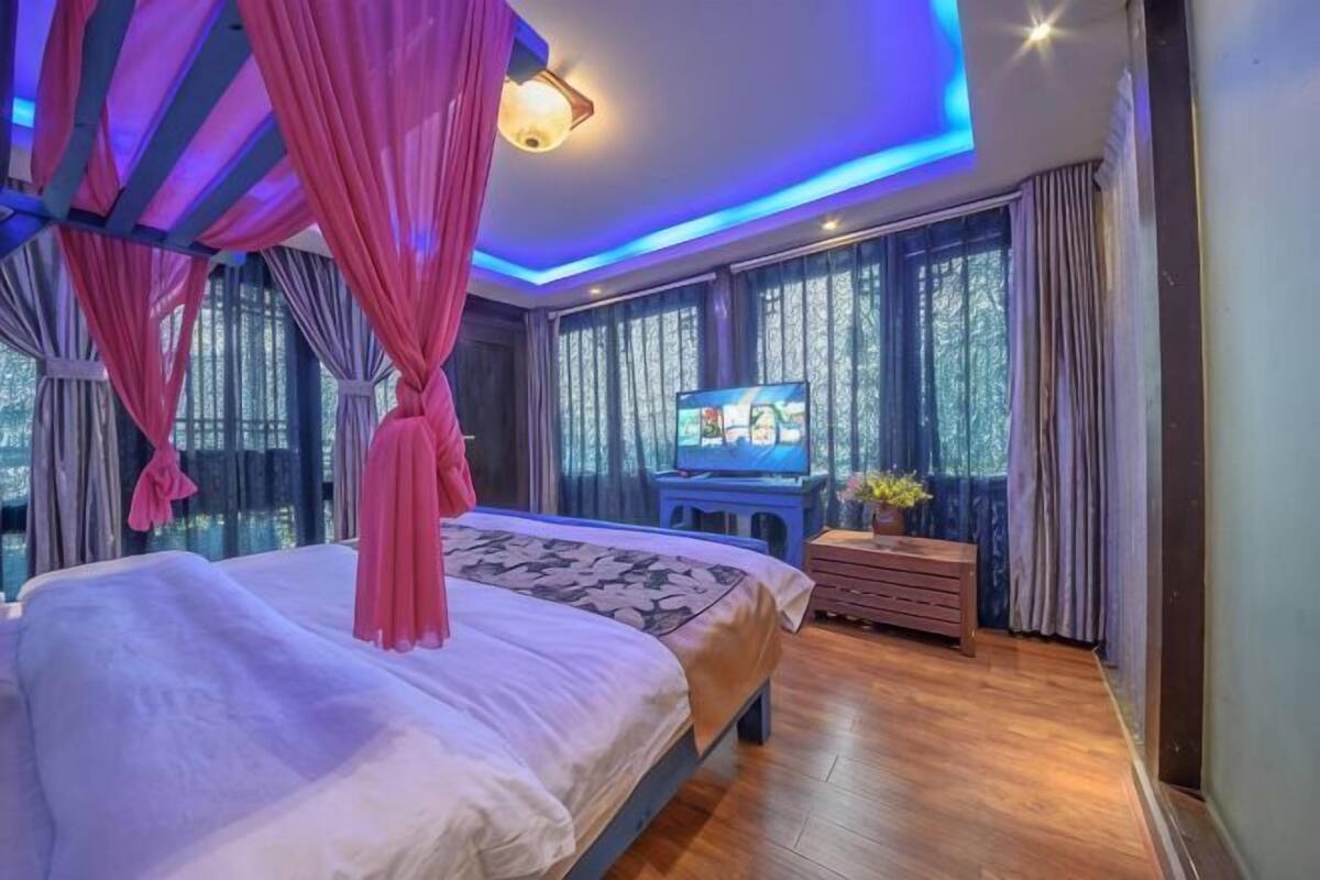 A bedroom with a large bed, a TV, and a view of the outdoors.