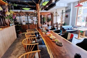 A long wooden bar with multiple chairs, a counter with plants, and a seating area with a sofa and table.