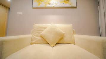 Down comforters, desk, blackout drapes
