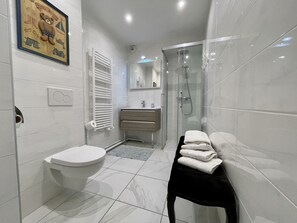 Douche, sèche-cheveux, serviettes fournies, savon