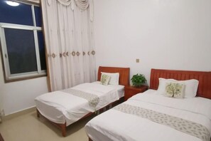 Una habitación de hotel con dos camas, una ventana con cortinas y una mesita de noche con una planta.