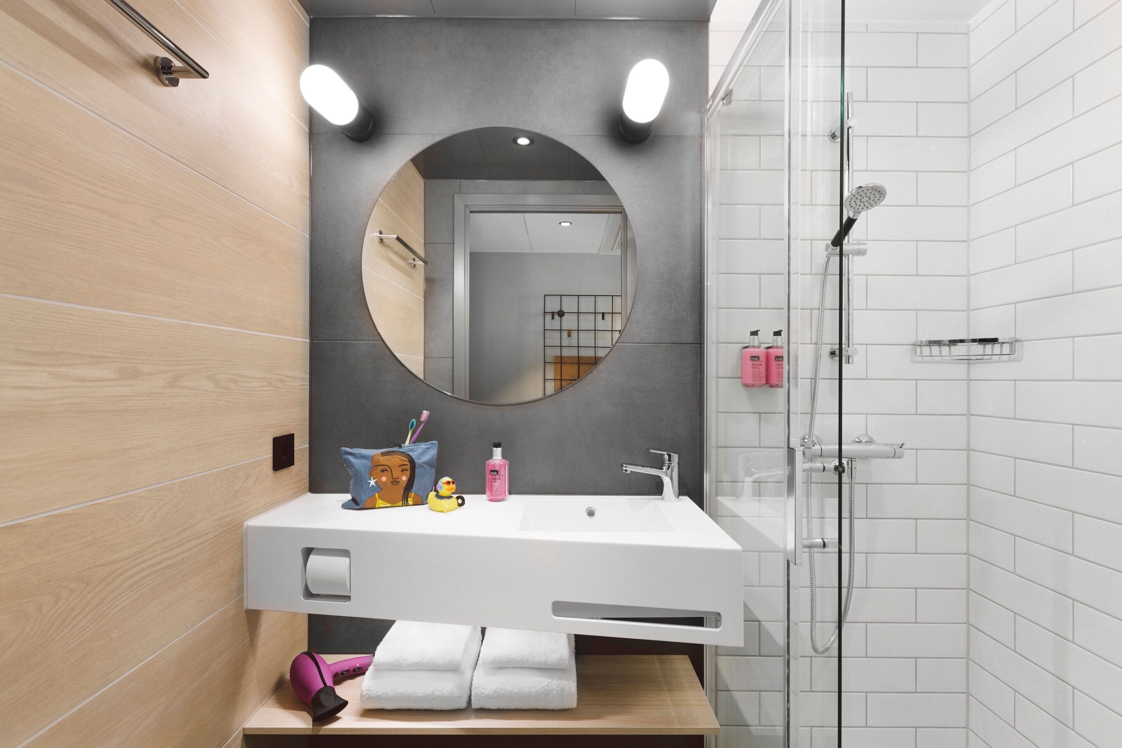 shower, eco-friendly toiletries, hair dryer, towels