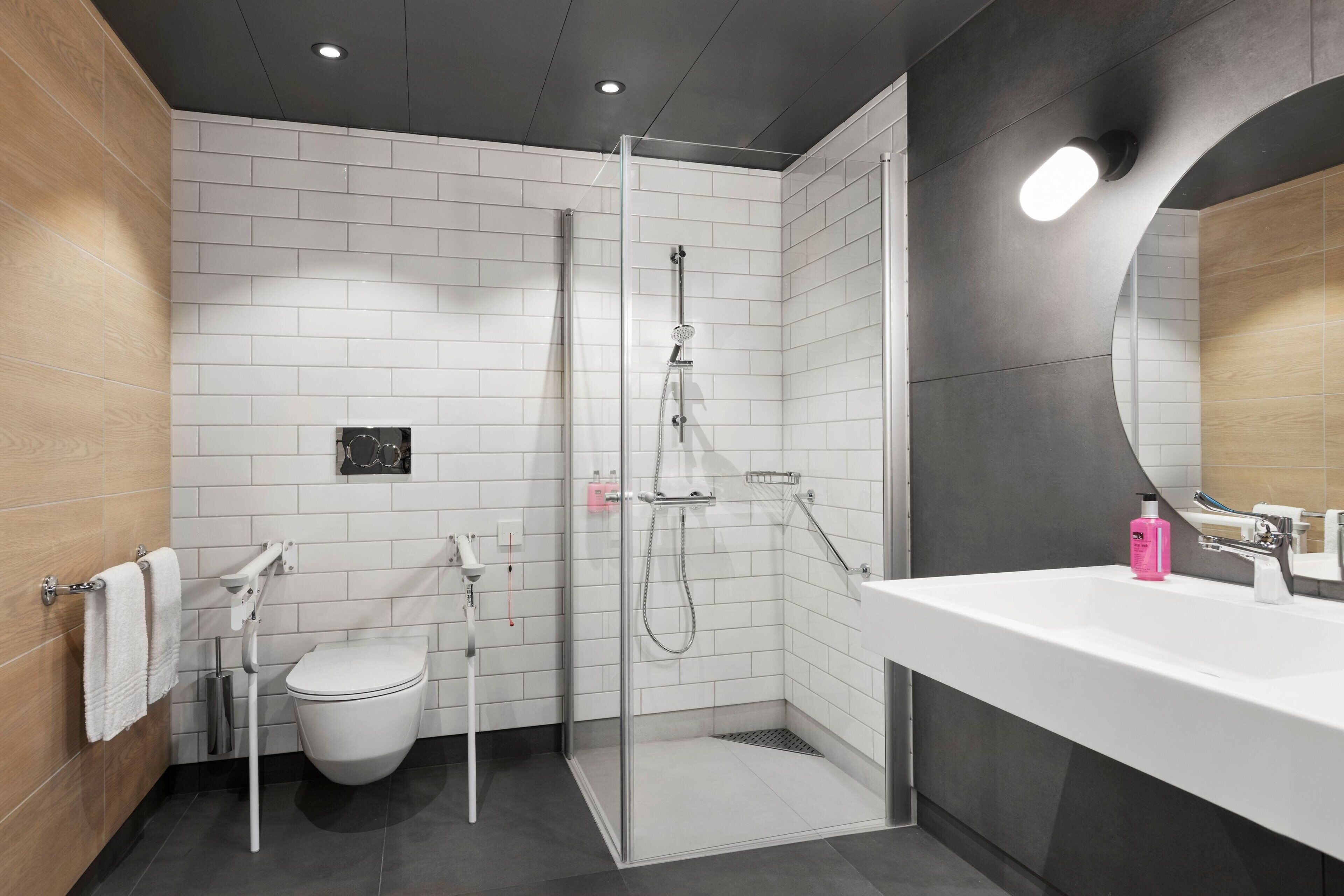 shower, eco-friendly toiletries, hair dryer, towels