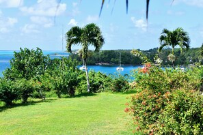 A lush green landscape with palm trees and a view of the sea with boats.