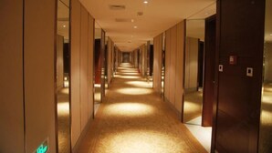 Een lange, smalle hotelgang met spiegelwanden en een vloerbedekking.