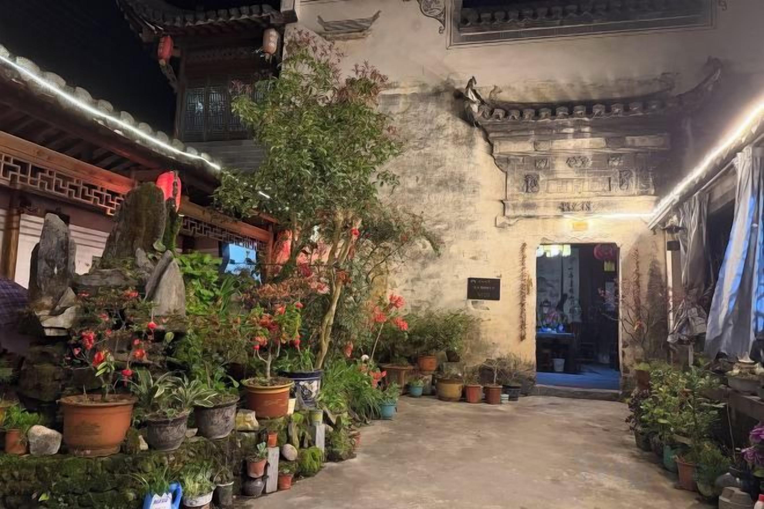 Un pati amb plantes en testos i arquitectura tradicional.