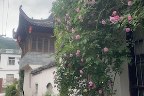 A traditional building with a curved roof and a wall covered in flowering vines. - Bishan Zhoujiayuan Farmhouse (Yi County)