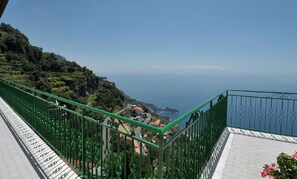 A balcony with a view of a coastal landscape, including a road and buildings. - Apartment with breathtaking view (Furore)