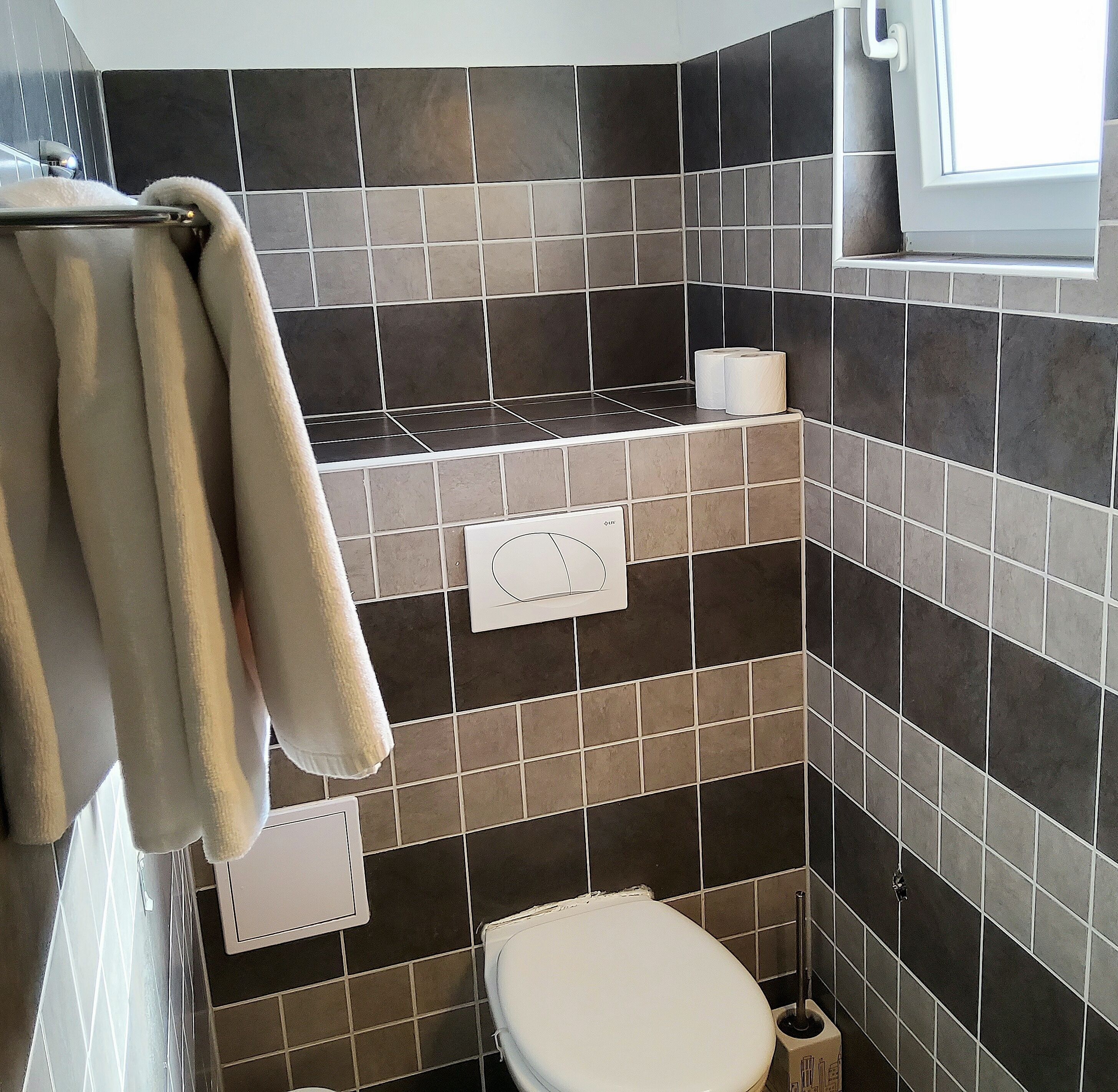 Une salle de bain équipée de toilettes, d’un porte-serviettes et d’un support à papier toilette.