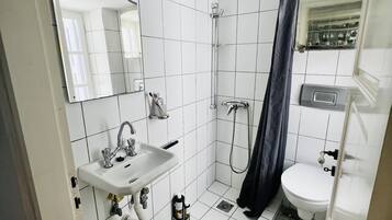 Een douche, een haardroger, handdoeken, shampoo