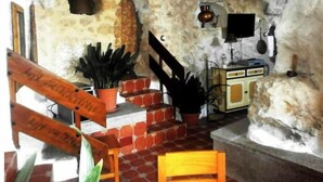 Un intérieur rustique avec des murs en pierre, un escalier en bois, des plantes en pot et un petit coin cuisine équipé d’une cuisinière et de placards.