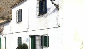 Un edificio blanco con dos ventanas y una puerta, una planta pequeña en maceta y una farola.