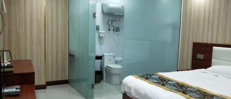A hotel room with a bed, a desk, a chair, a mirror, a wardrobe, and a bathroom with a toilet and sink.