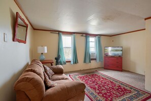A living room with a brown sofa, a red dresser, a television, and a patterned rug.