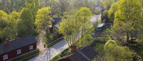 A rural area with traditional houses, a road, and surrounding greenery.