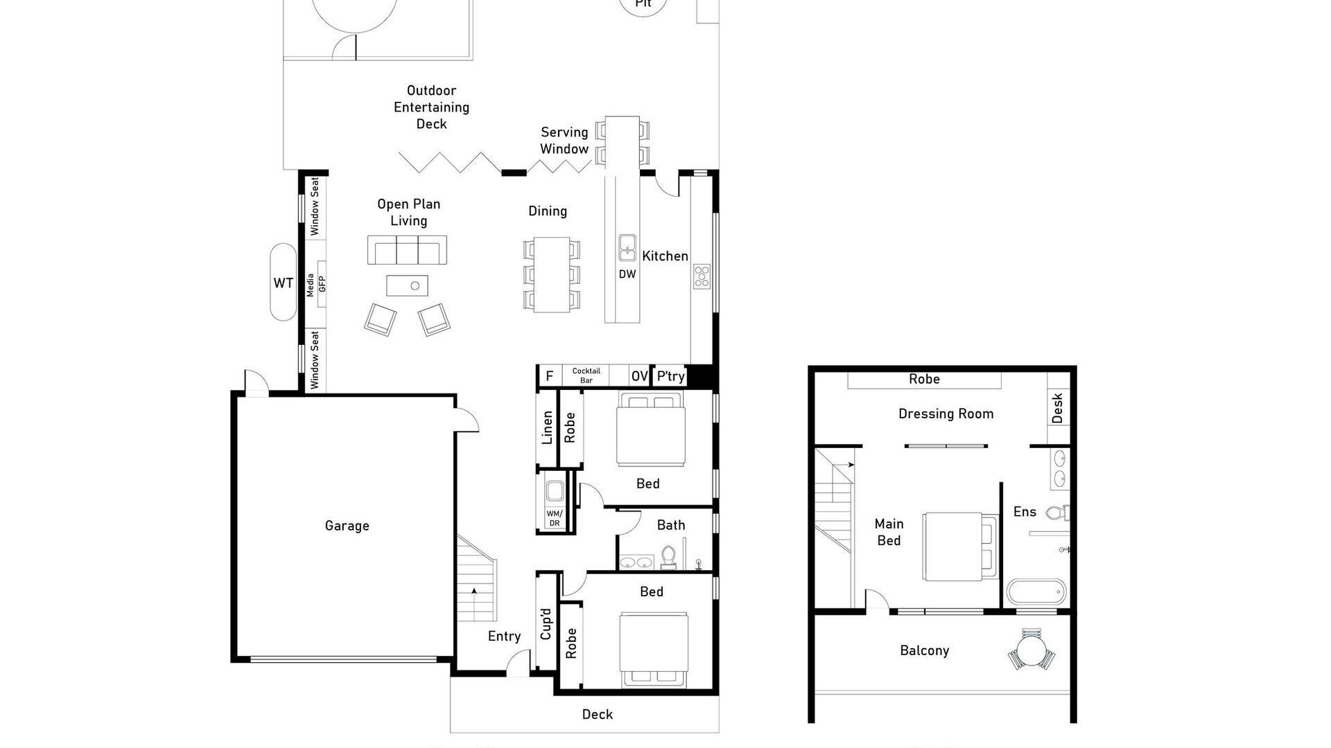 A floor plan of a hotel with a garage, outdoor entertaining deck, dining area, kitchen, and a balcony.