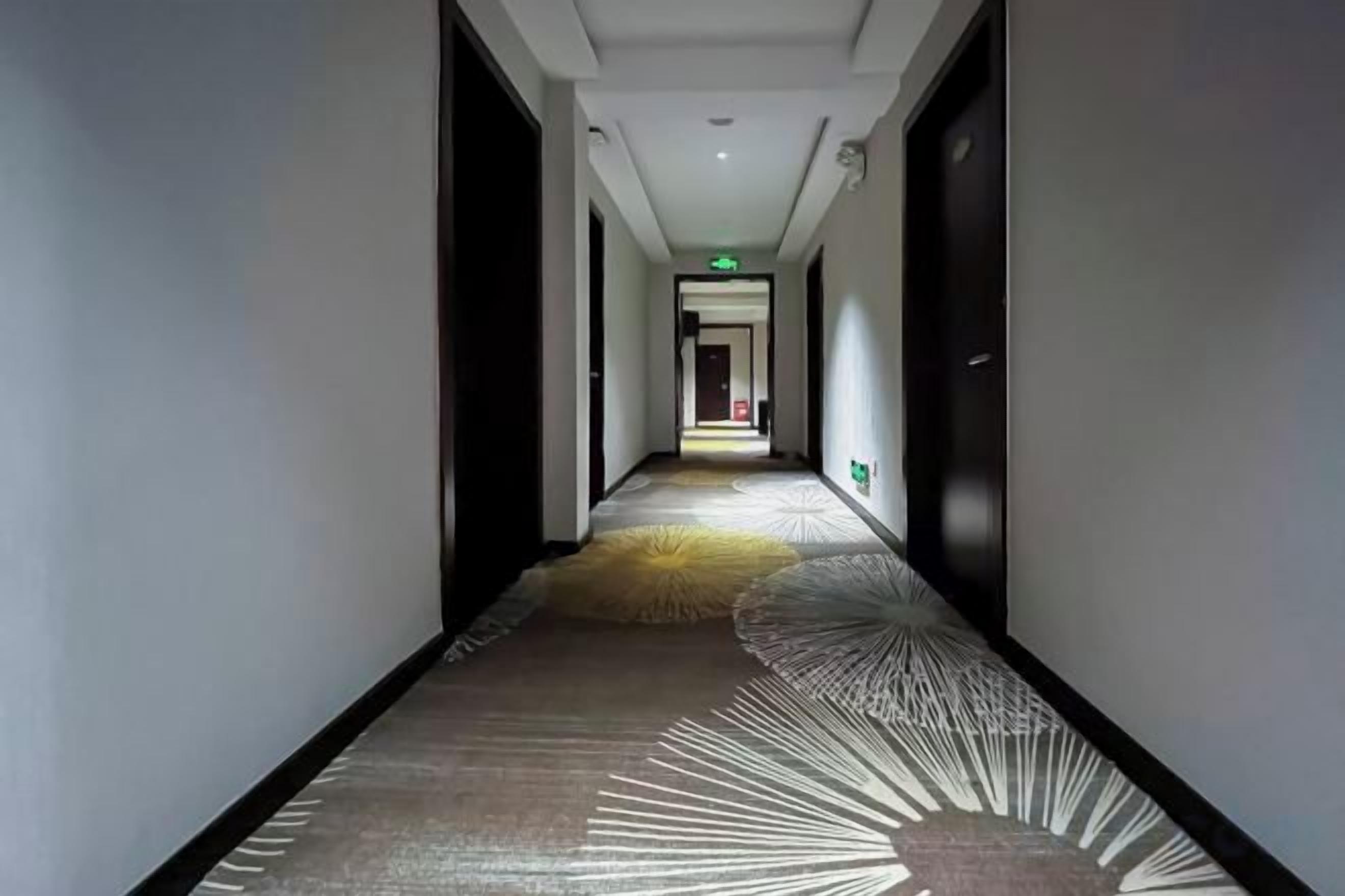 A hallway with a patterned carpet, doors on both sides, and a light fixture on the ceiling.