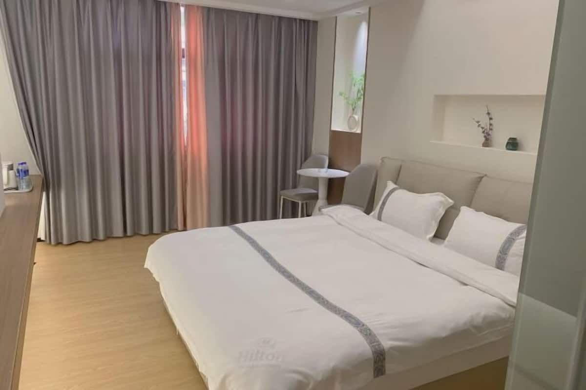 Habitación de hotel con cama, una mesita, una silla, un espejo y un estante con una planta.