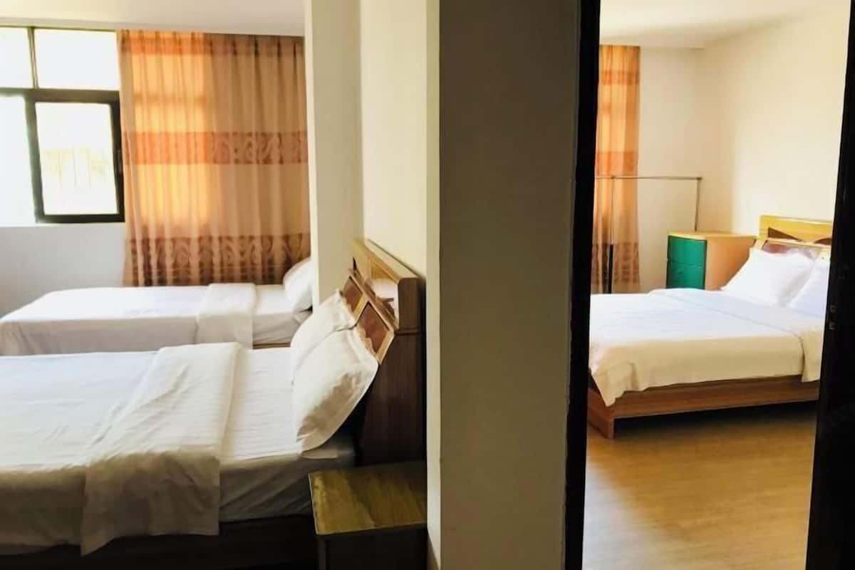 Habitación de hotel con dos camas, cabecero de madera, mesita de noche y ventana con cortinas.