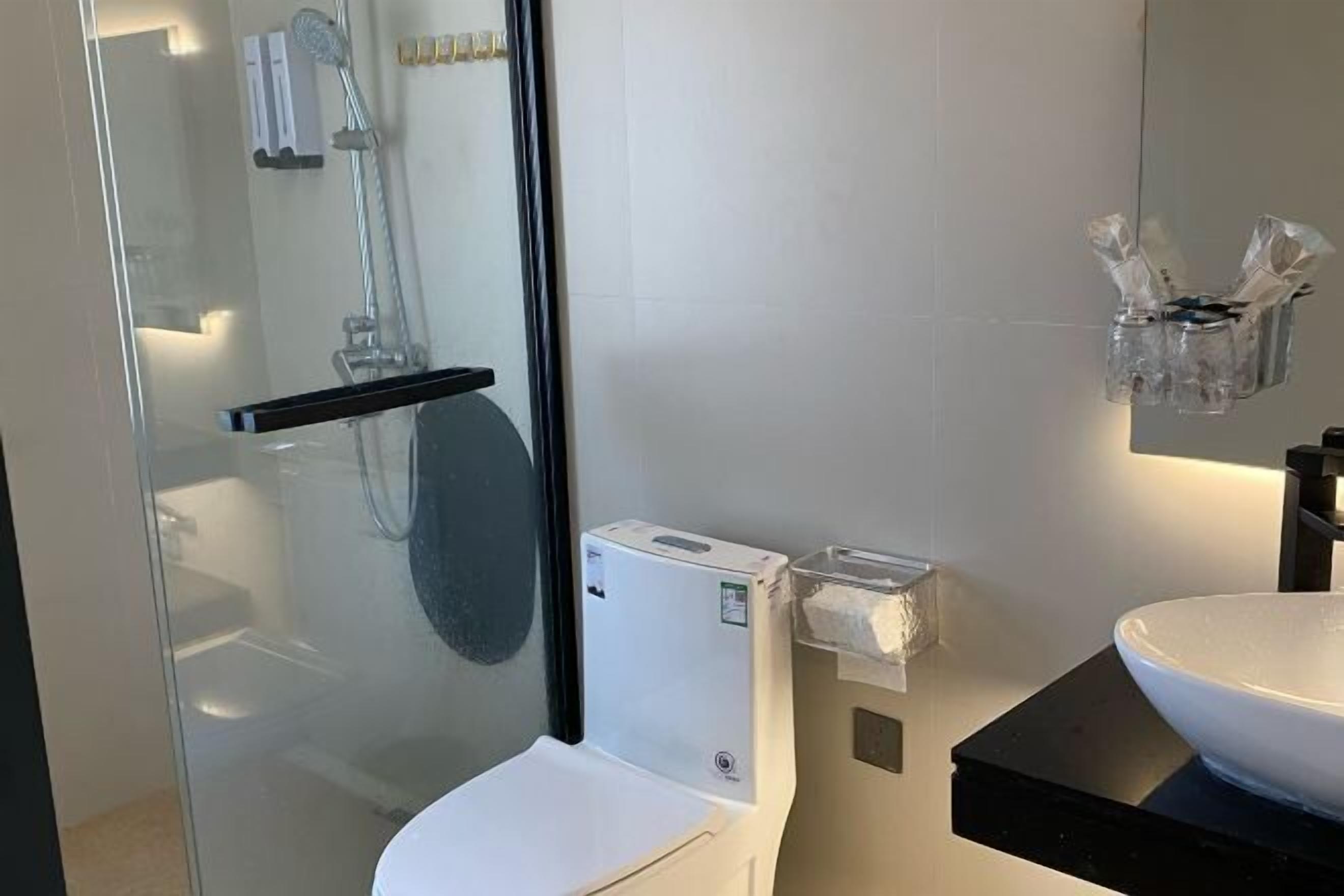A modern bathroom with a glass-enclosed shower, a white toilet, and a black countertop with a white sink.